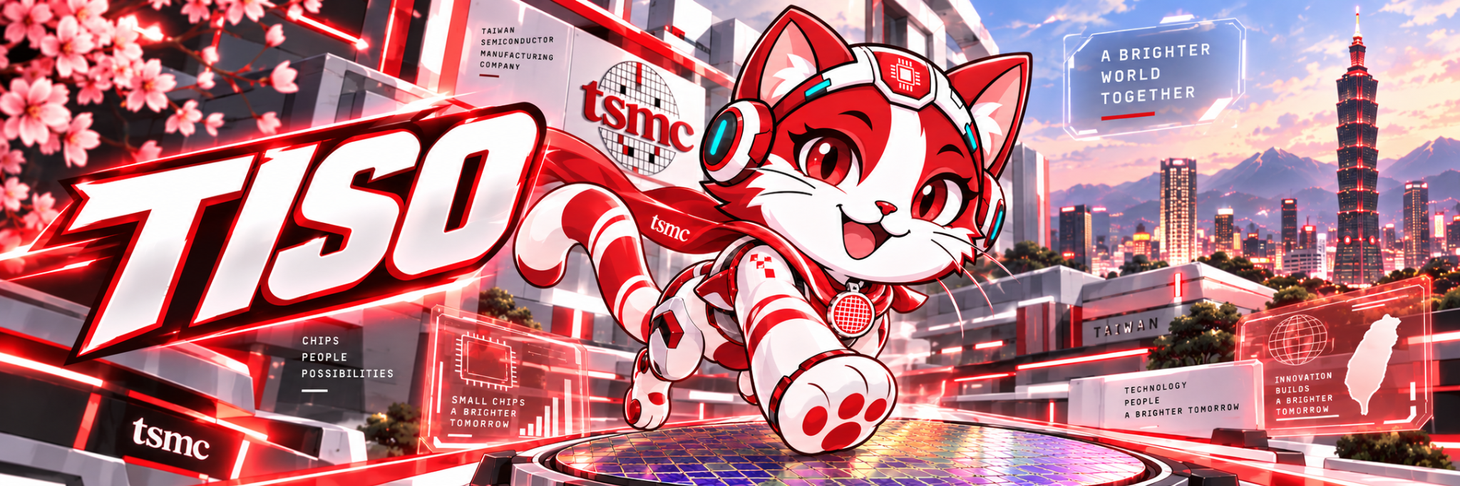 Tiso the red-and-white cyber cat leaping over a silicon wafer in futuristic Taipei