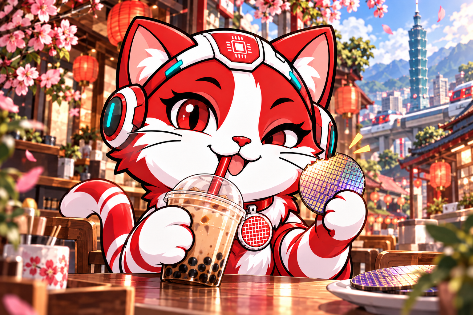 Tiso sipping bubble tea and holding a silicon wafer like a cookie