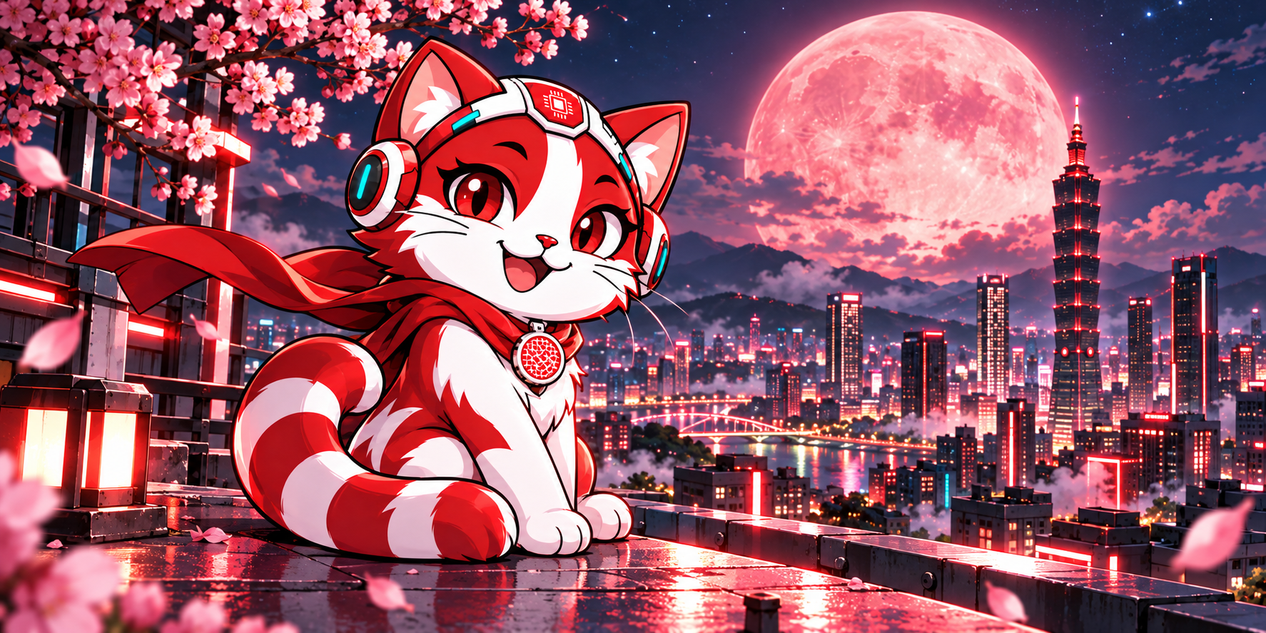 Tiso relaxing on a rooftop overlooking Taipei 101 beneath a pink moon
