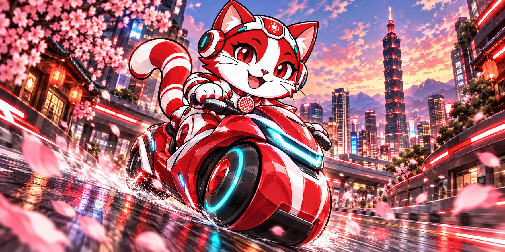 Tiso riding a red futuristic scooter through a neon Taipei street